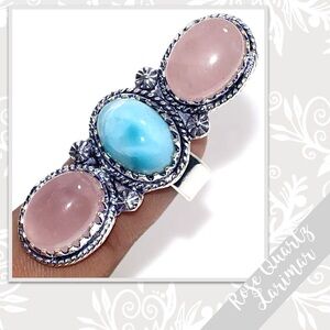 Larimar, Rose Quartz Large Silver Artisan Ring, Size 7 (Turquoise Blue, Lt Pink)